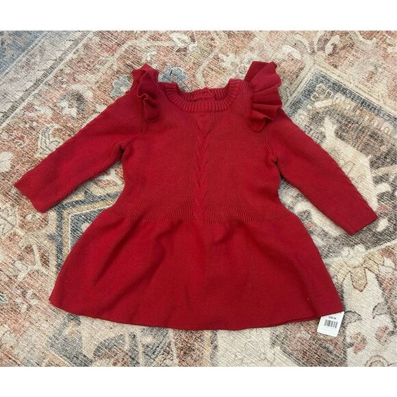 Red Holiday Ruffle Long-Sleeve Knit Sweater Dress, Sz 3-6 months - Picture 1 of 6